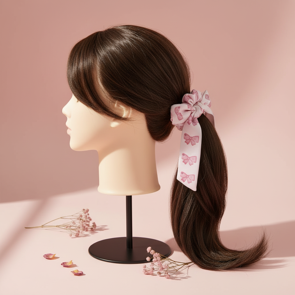 AOP Bow Scrunchie styled in a ponytail on pastel pink background