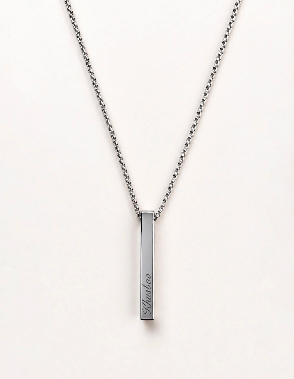 Custom engraved bar pendant necklace - Khusboo engraving close-up