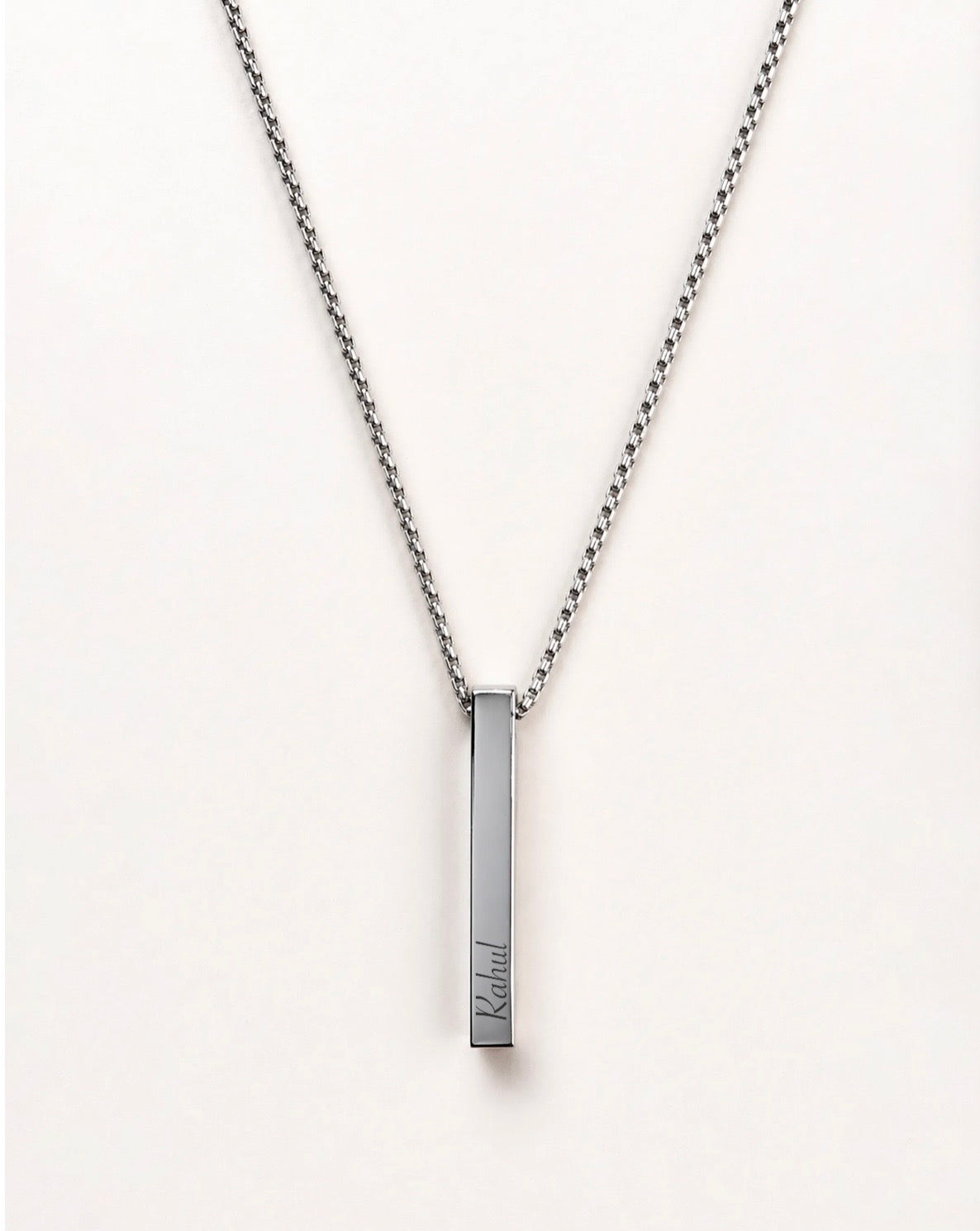 Custom engraved bar pendant necklace - Rahul engraving close-up