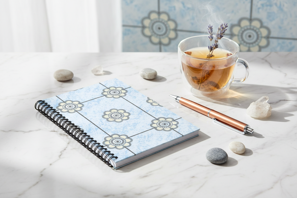 Blue Mandala NotePad – Angled Lifestyle Mockup