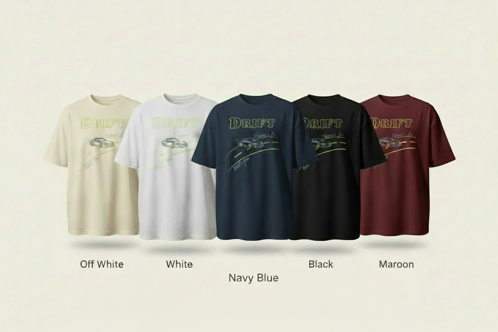 Five-shirt lineup with Navy Blue at the centre