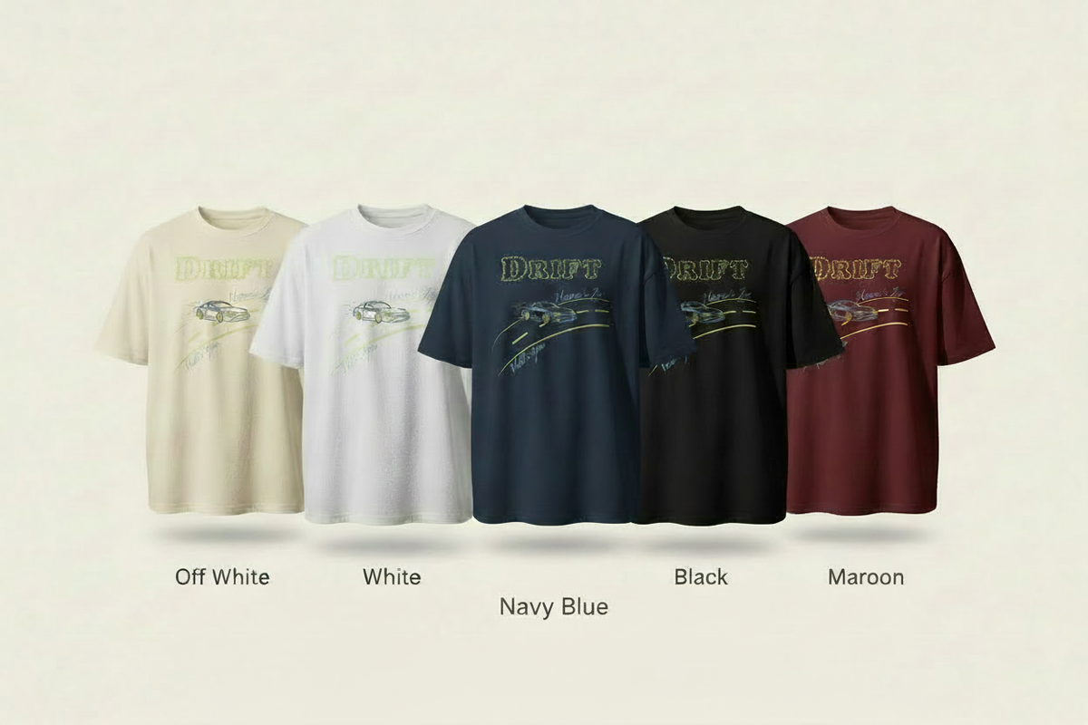Five-shirt lineup with Navy Blue at the centre