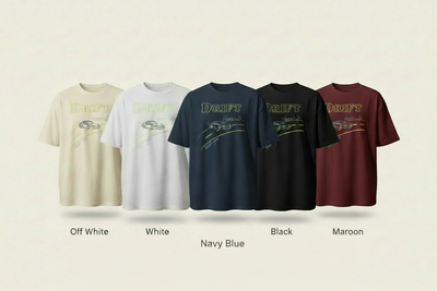 Five-shirt lineup with Navy Blue at the centre