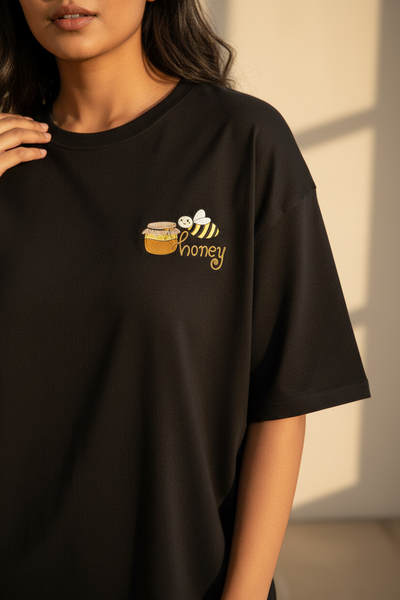 Honey Embroidery – Black Tee Female Model