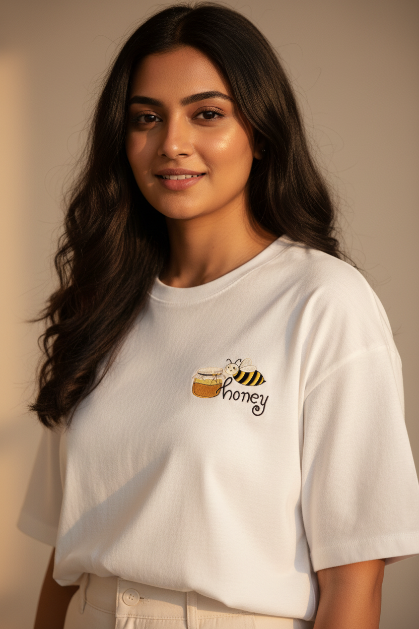 Honey Embroidery – White Tee Female Model