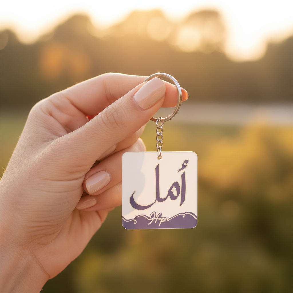 Hope Arabic Keychain held in hand against golden hour bokeh background