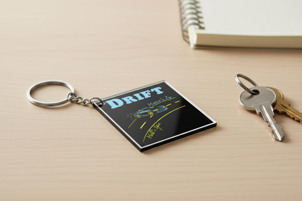 Black square acrylic keychain with applied Drift sticker beside everyday keys