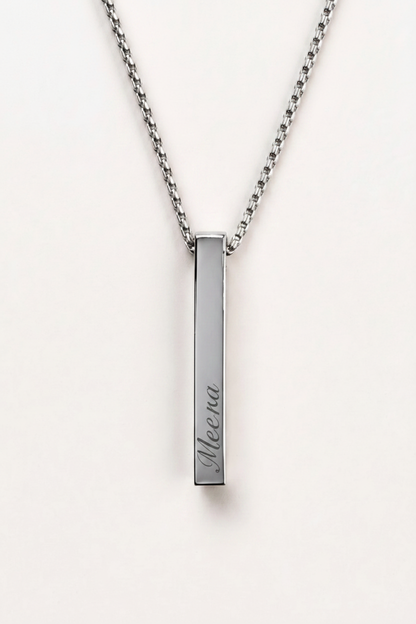 Custom engraved bar pendant - Meera engraving close-up