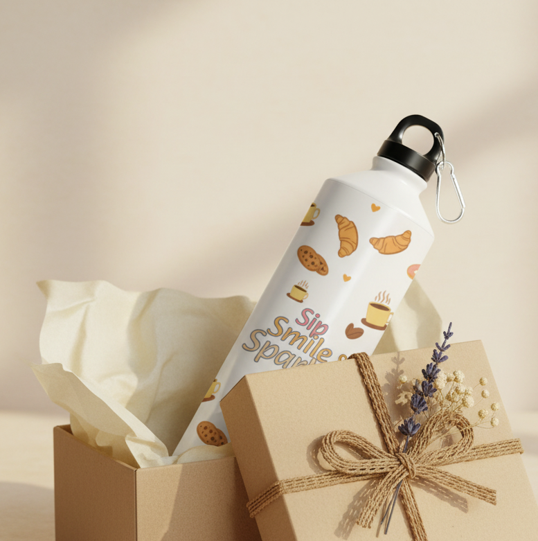 Sip Smile & Sparkle Sipper Bottle 750 ml – Gift Box Mockup with Bakery Café Print