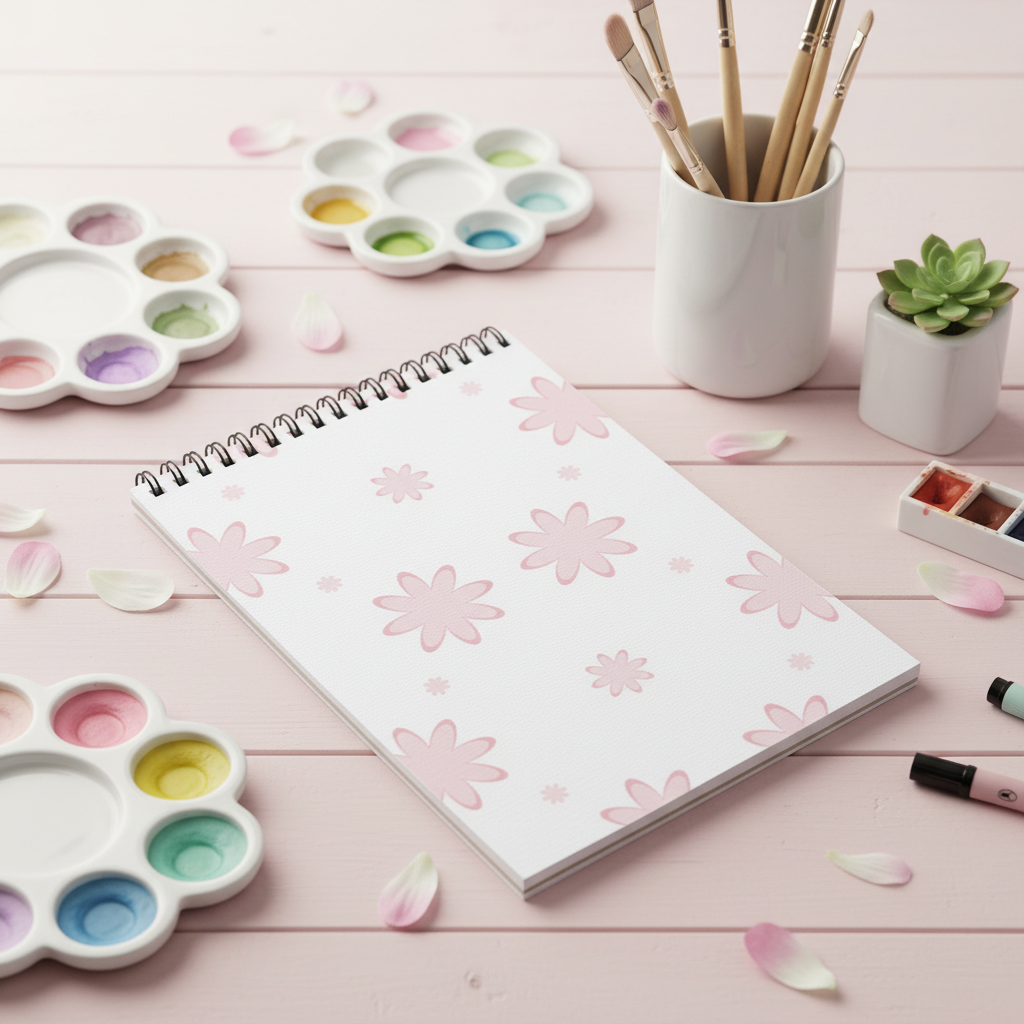 Pink floral sketchbook in a bright feminine creative studio with watercolours and art brushes