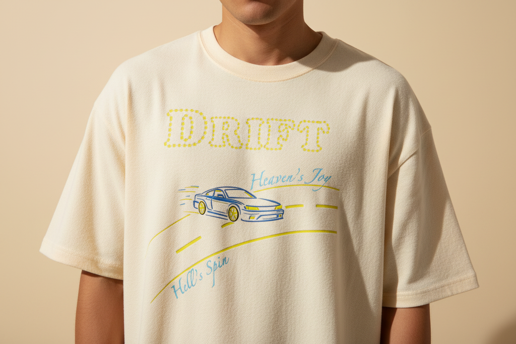 Close-up of the Drift graphic on an oversized terry T-shirt worn on-body