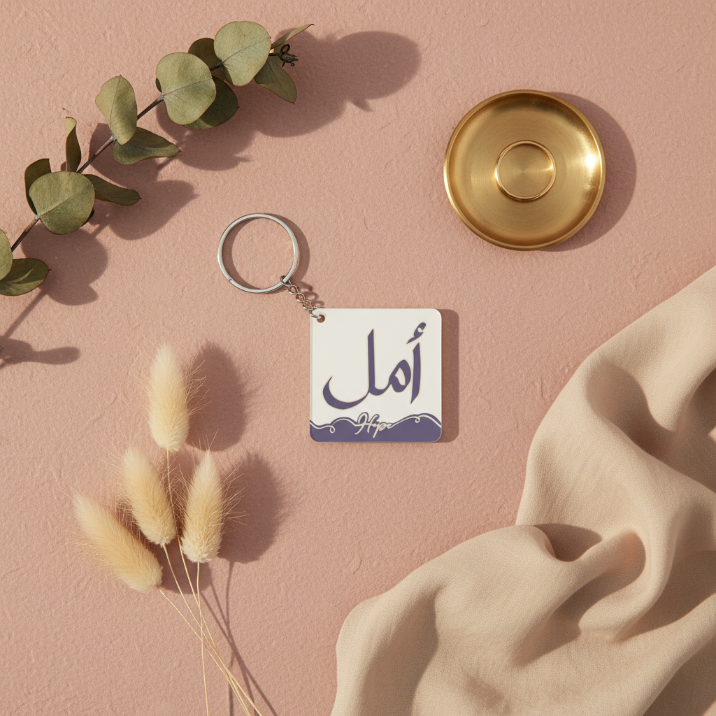 Hope Arabic Keychain flat lay with dried flowers and gold ring dish
