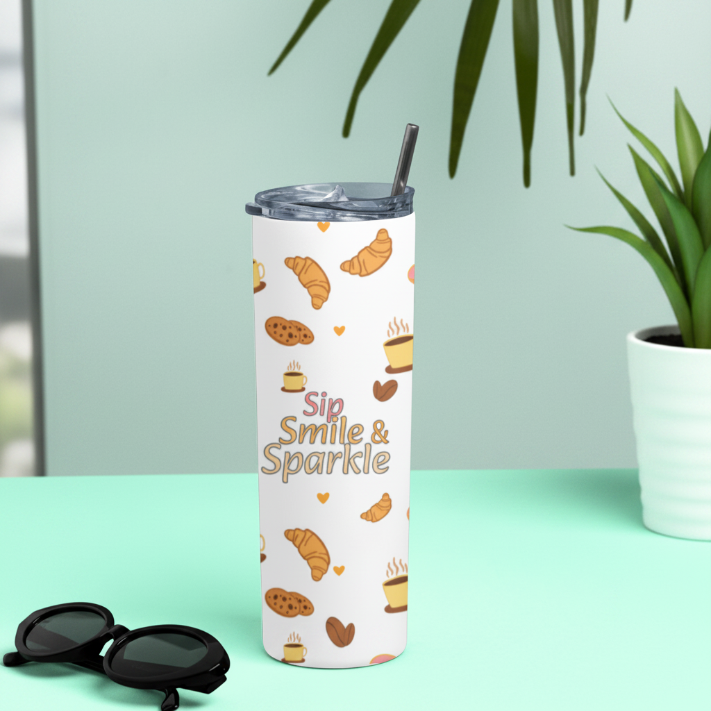 Sip Smile & Sparkle Tumbler 20 oz – Desk Lifestyle Mockup with Bakery Café Print