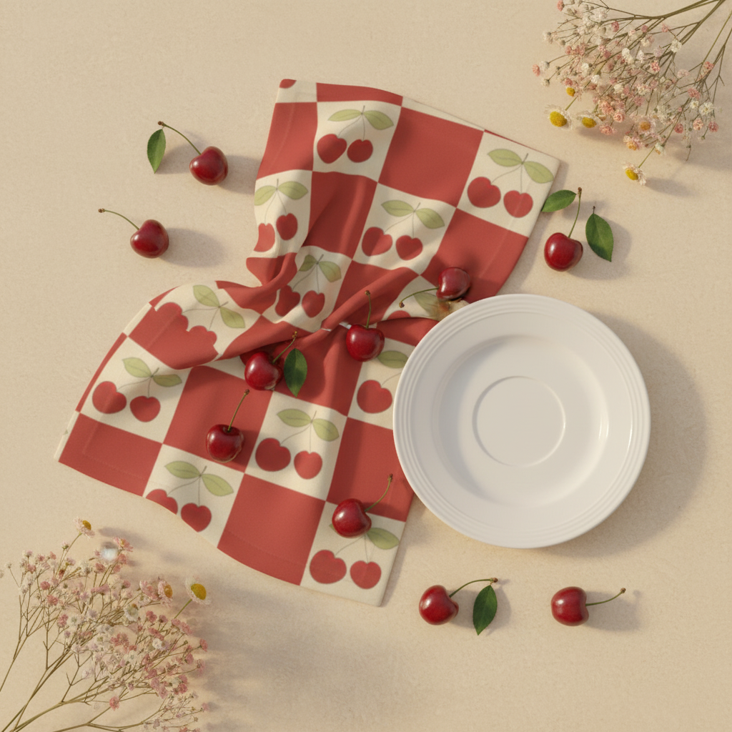 Cherry Checkerboard Cloth Napkin flat lay on cream background with cherries and ceramic plate