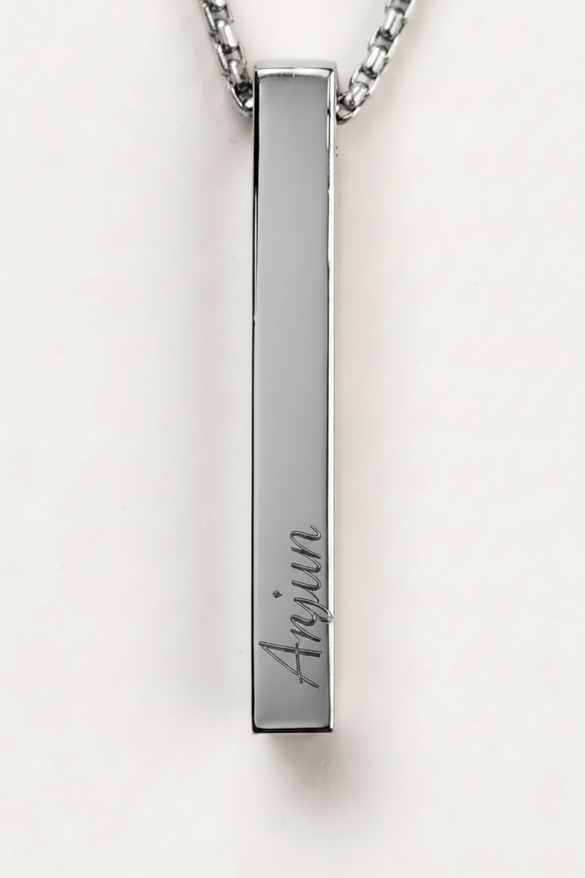 Custom engraved bar pendant - Arjun engraving inside pendant