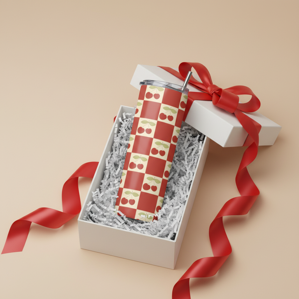 Cherry Checkerboard Tumbler Bottle in white gift box with red ribbon