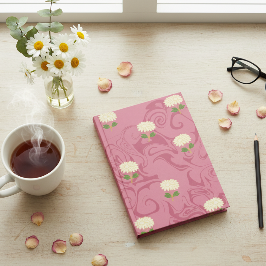Cream daisy pink marble daily planner in a cosy feminine desk lifestyle setting