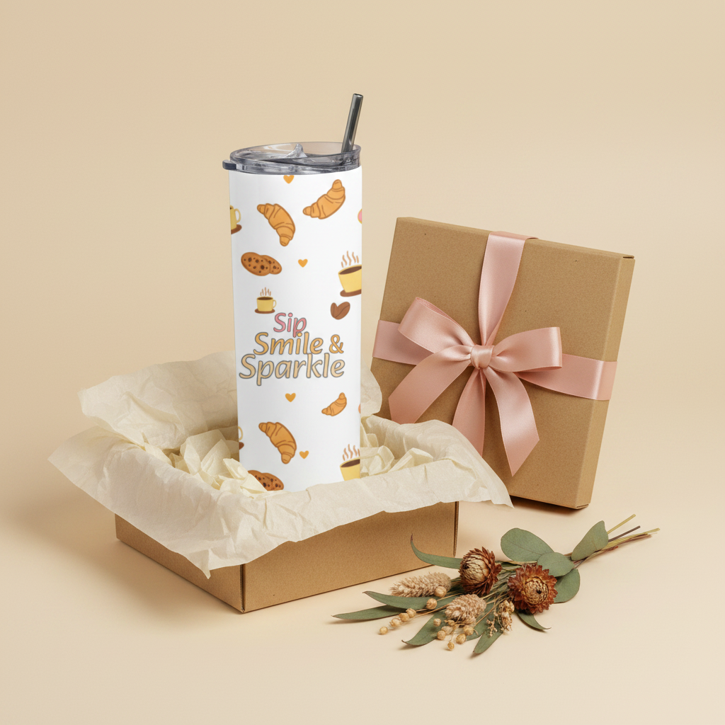 Sip Smile & Sparkle Tumbler 20 oz – Gift Box Mockup with Bakery Café Print