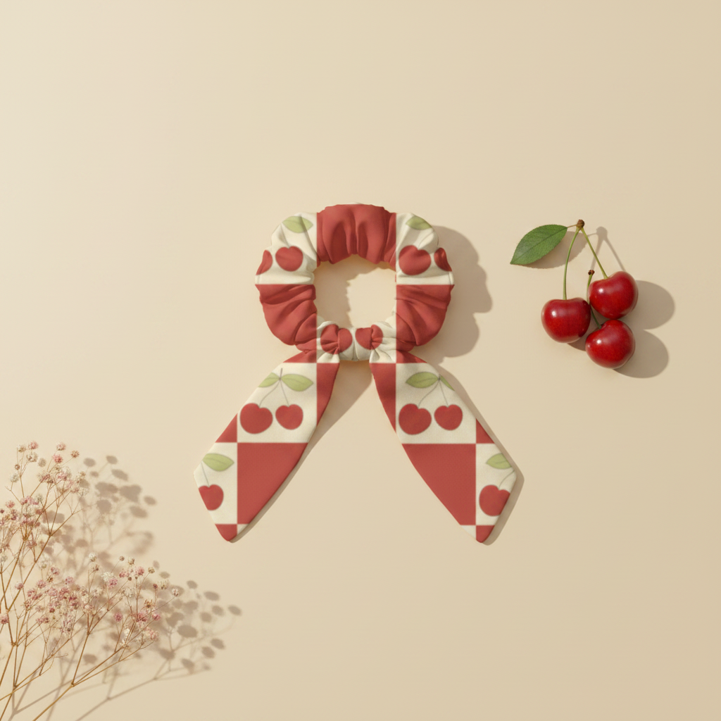 Cherry Checkerboard AOP Bow Scrunchie flat lay with cherry props on cream background
