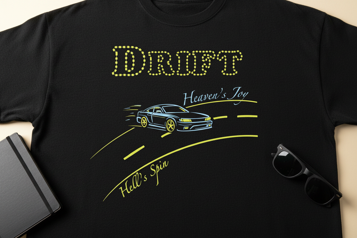 Close-up flat-lay of the Drift graphic on an oversized terry T-shirt
