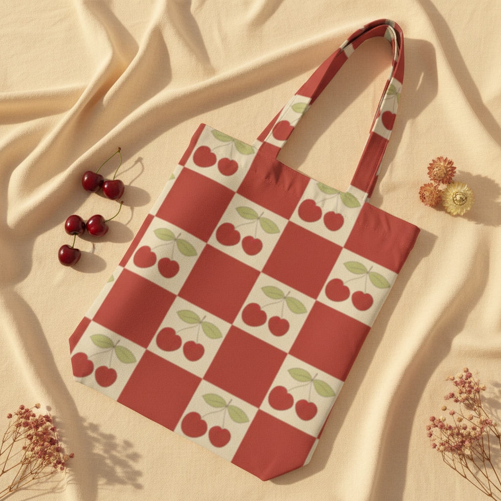 Cherry Checkerboard Zipper Tote Bag flat lay on cream background with cherry and flower props