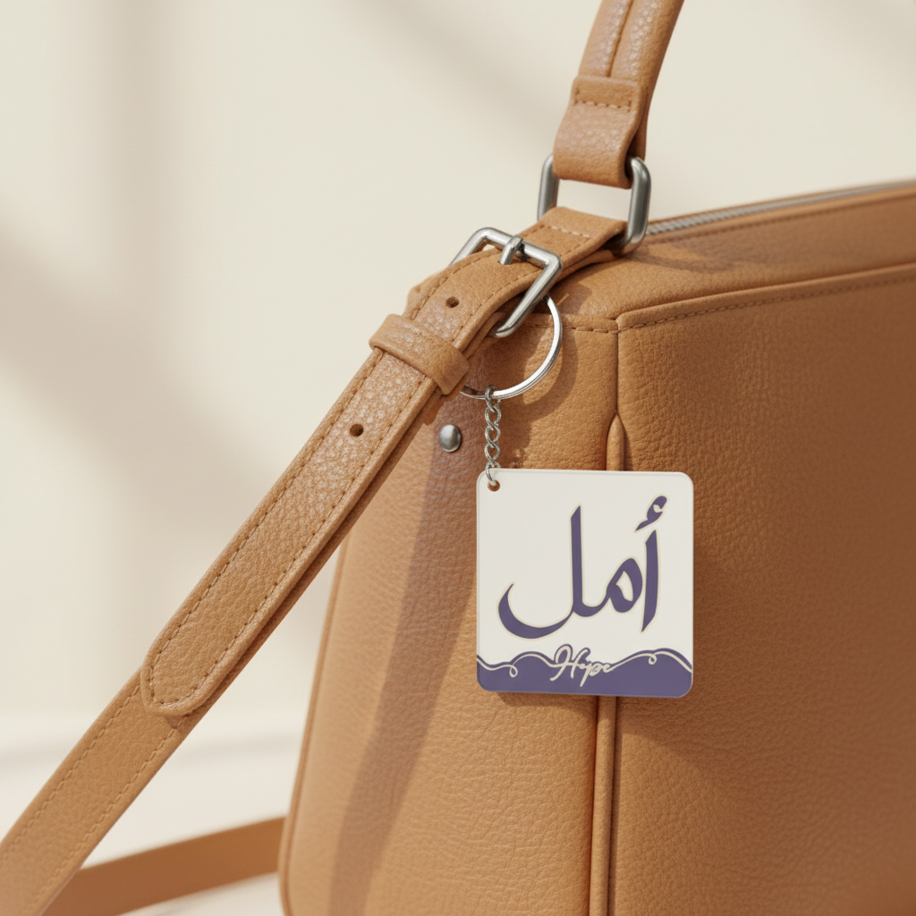 Hope Arabic Keychain hanging on a tan leather handbag strap
