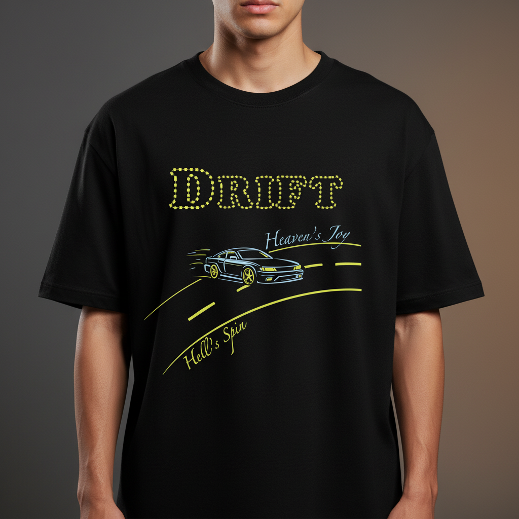 Black oversized Drift graphic T-shirt worn in a premium streetwear studio