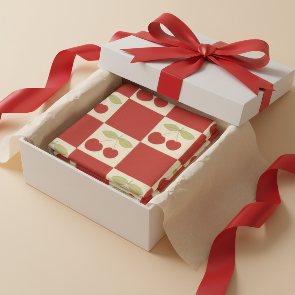 Cherry Checkerboard Cloth Napkin folded in white gift box with red ribbon