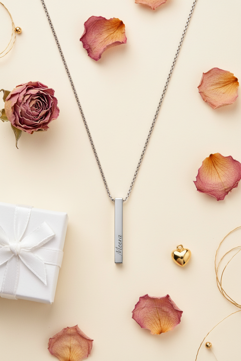 Custom engraved bar pendant flat lay - Meera with rose petals and ribbon