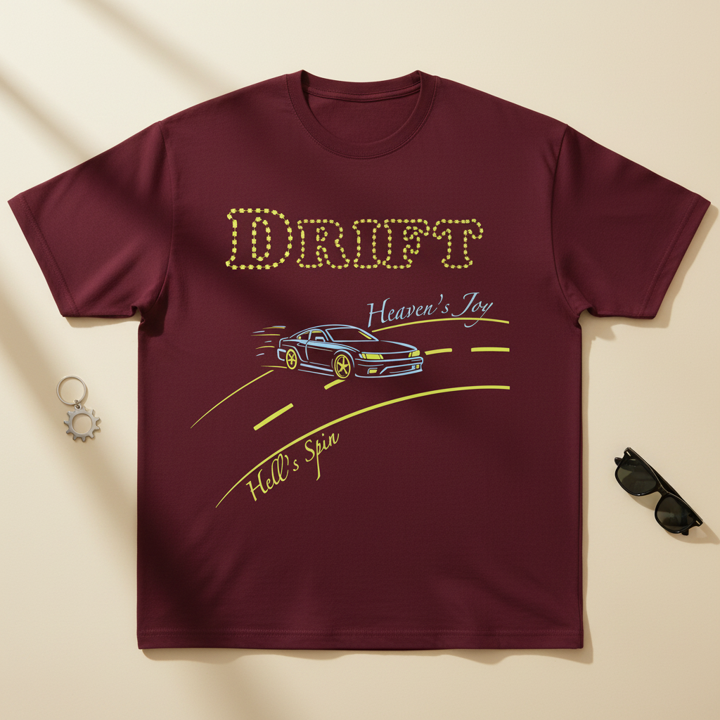 Maroon oversized Drift graphic terry T-shirt shown in a warm flat lay