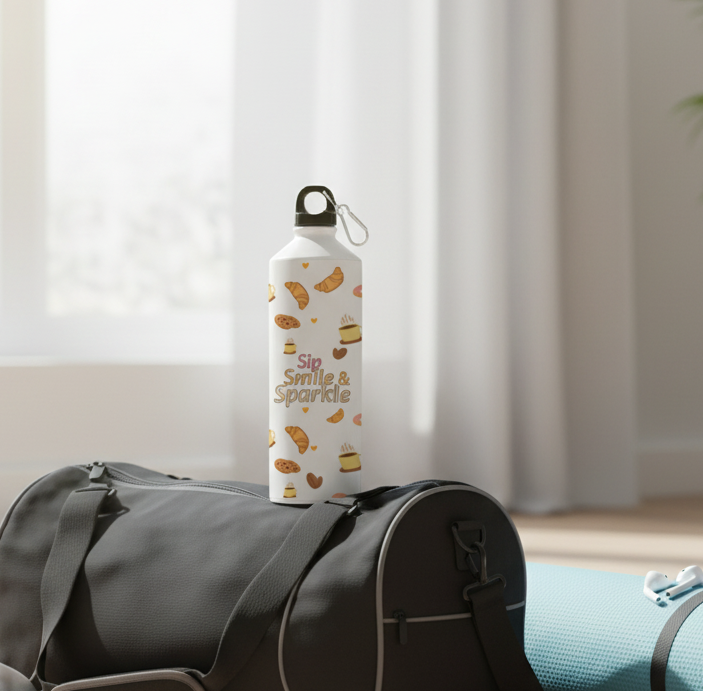 Sip Smile & Sparkle Sipper Bottle 750 ml – Gym Lifestyle Mockup with Bakery Café Print
