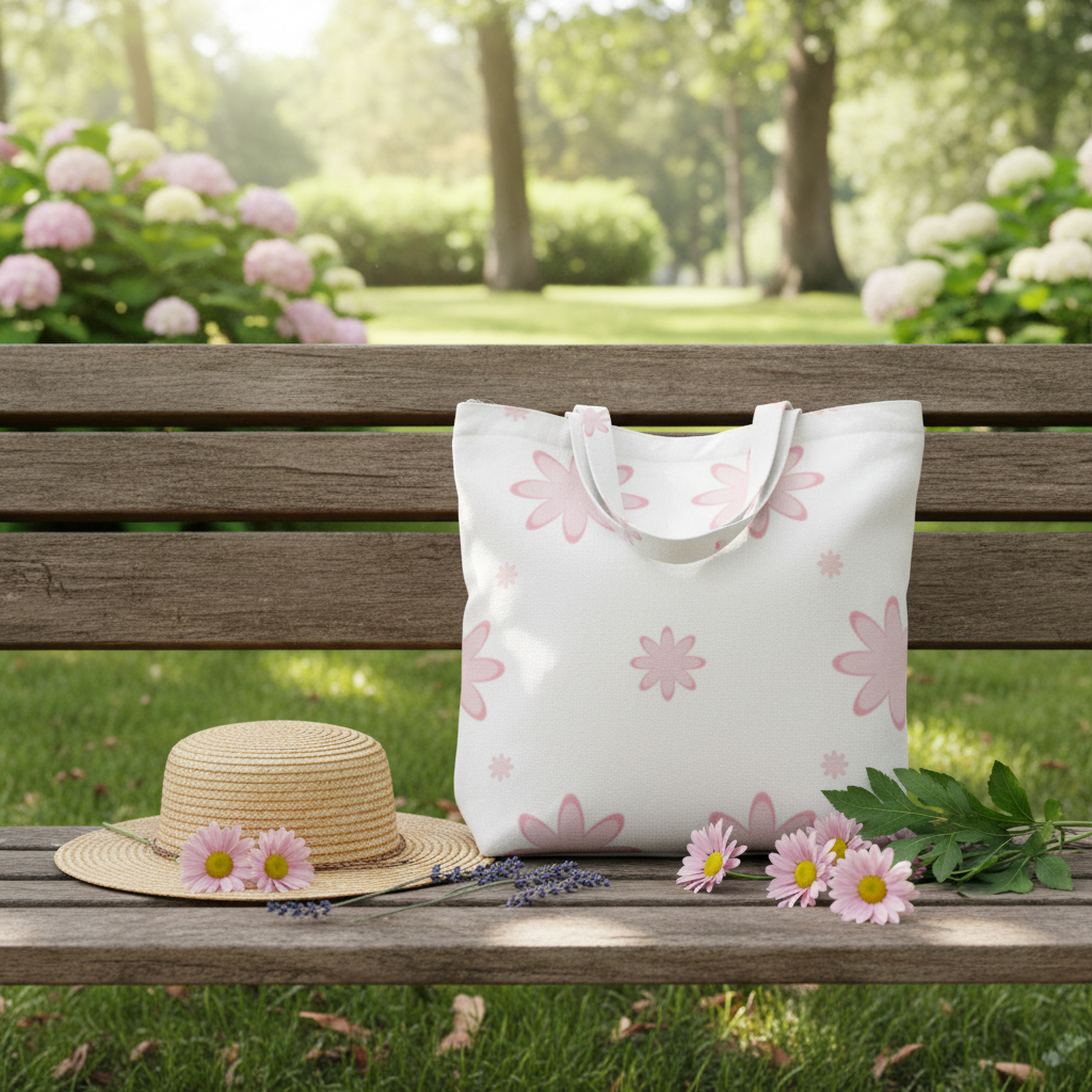Pink floral all-over print zipper tote bag in a sunny outdoor setting with straw hat and flowers