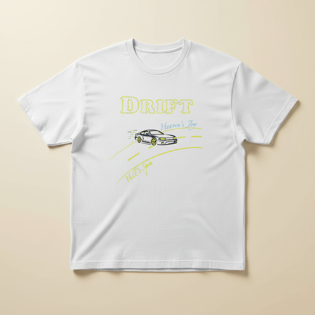 White oversized Drift graphic terry T-shirt with car print on a warm cream background