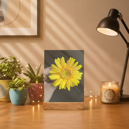 Acrylic Photo Frame with Wooden Stand – Home Shelf Lifestyle