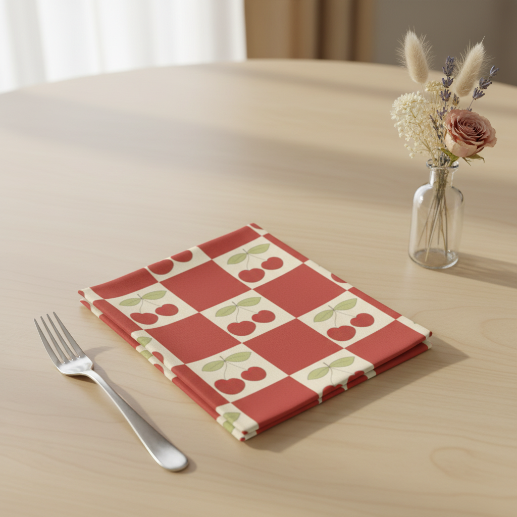 Cherry Checkerboard Cloth Napkin styled on a dining table with elegant props
