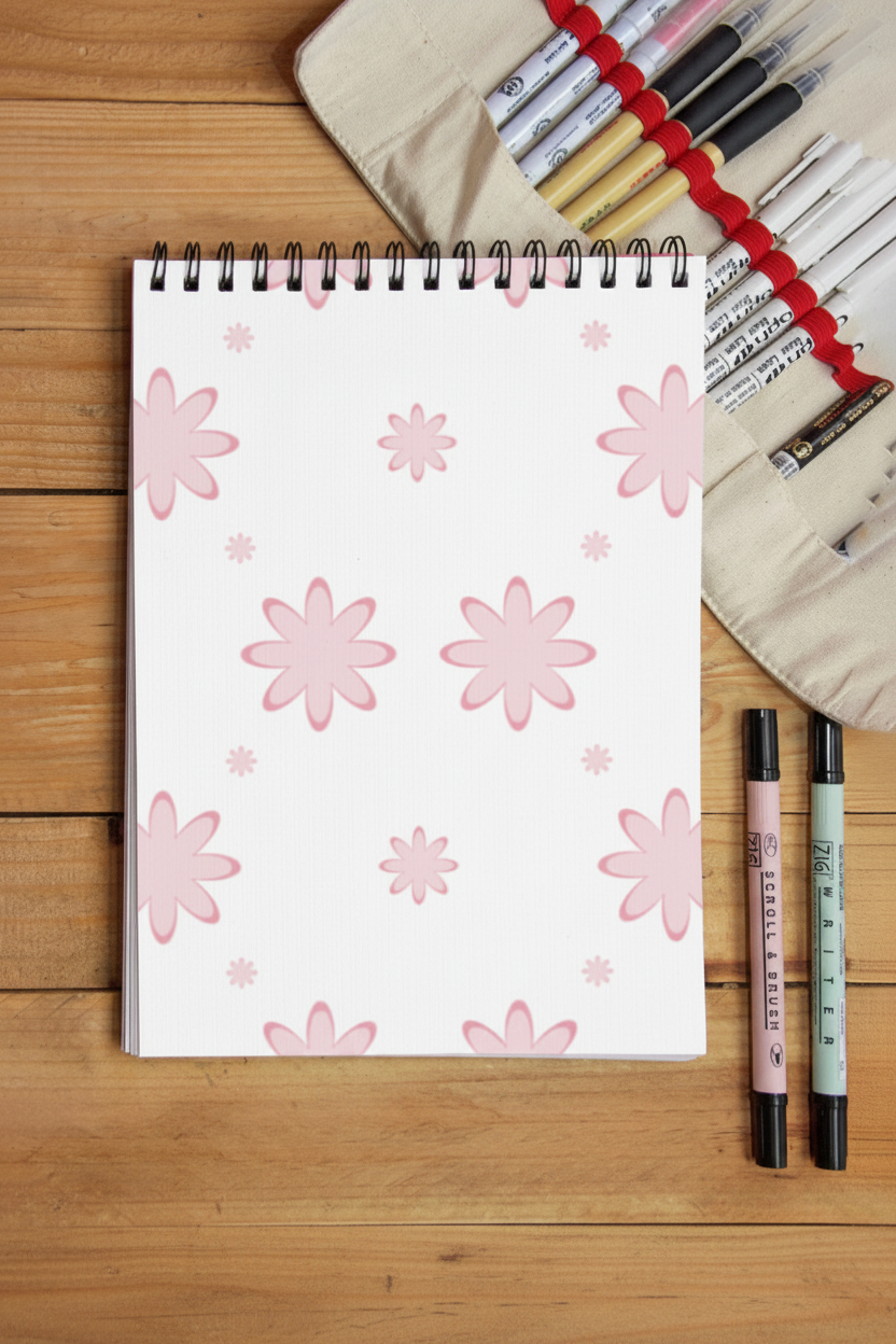 Pink floral spiral sketchbook on a wooden desk with art markers and pen roll
