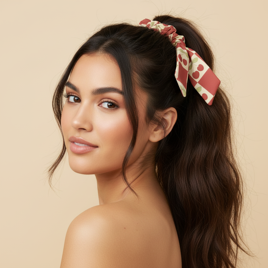 Cherry Checkerboard AOP Bow Scrunchie worn in a high ponytail - lifestyle shot