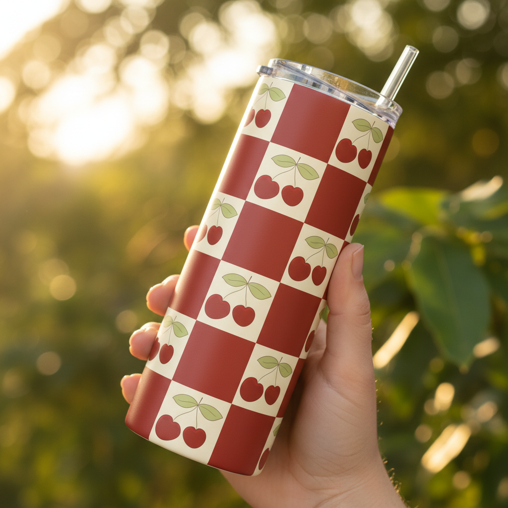 Cherry Checkerboard Tumbler Bottle held in hand - lifestyle shot