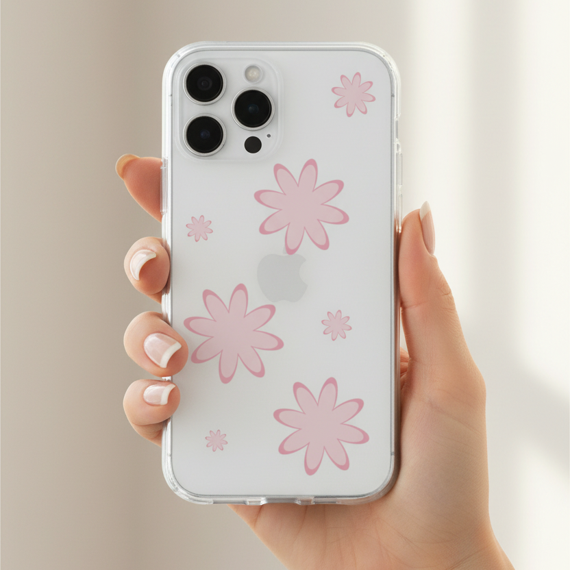 Pink floral white background hard iPhone case held in hand lifestyle mockup