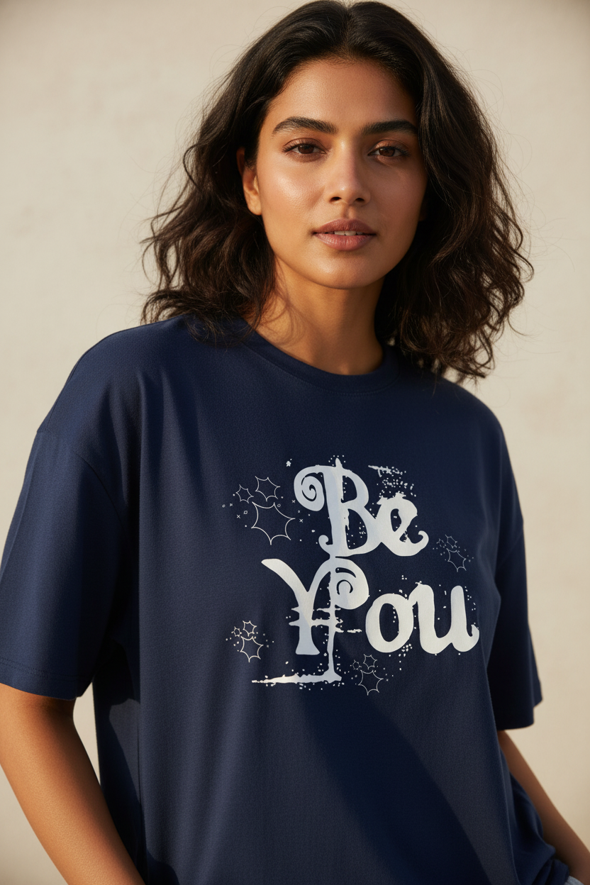 Navy Blue Tee – Female Model