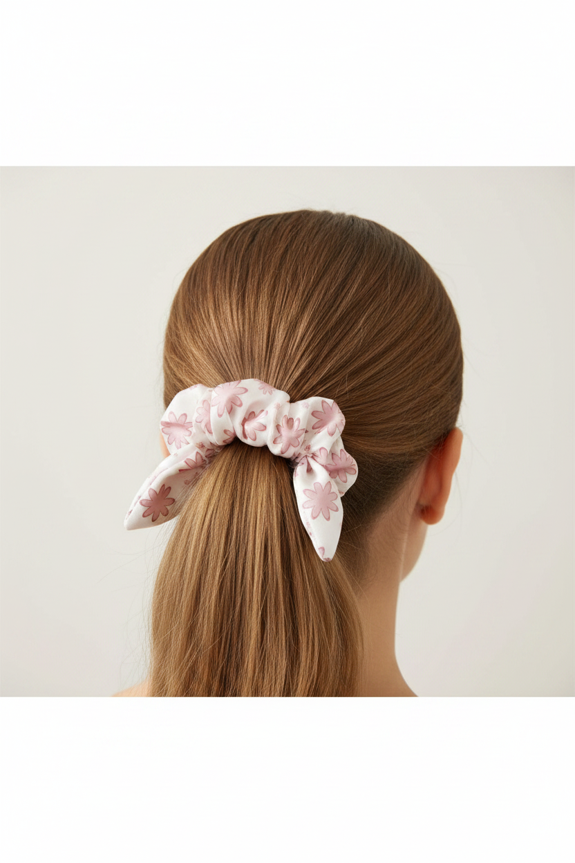 Pink Floral Round Scrunchie on Ponytail